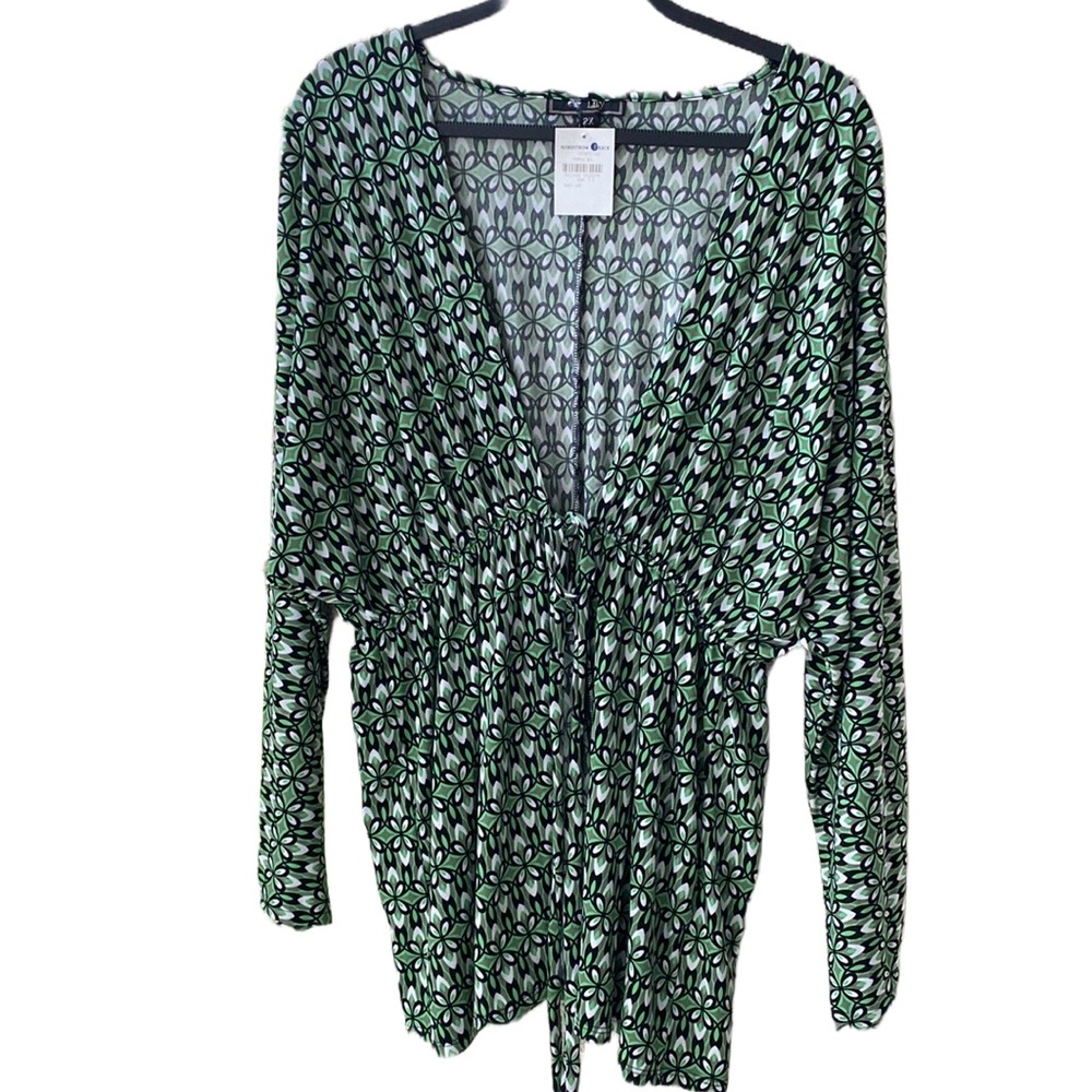 NWT 💚🖤🤍 Lily Geometric Retro Patterned Long Open Topper, Elastic Waist Tie 2X